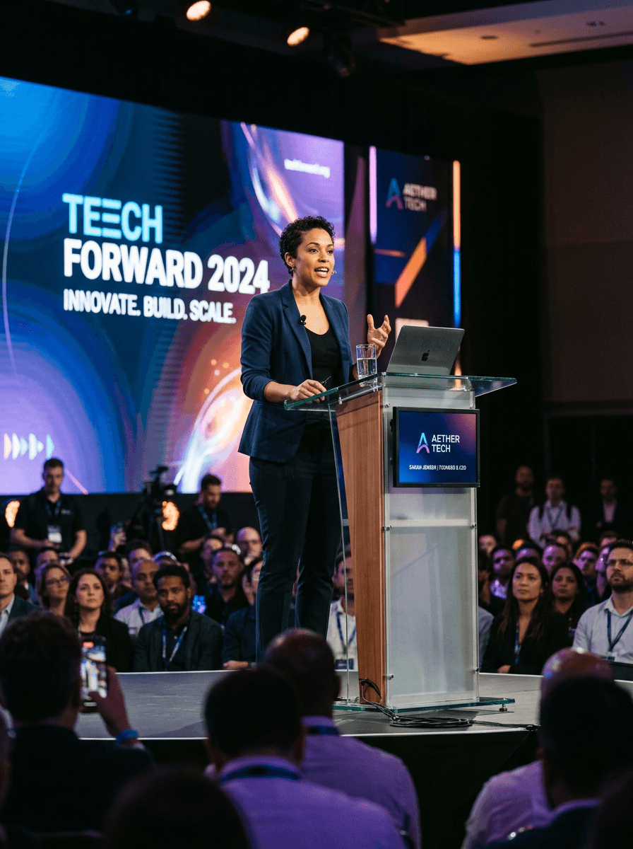 Founder mid-keynote at Tech Forward 2024